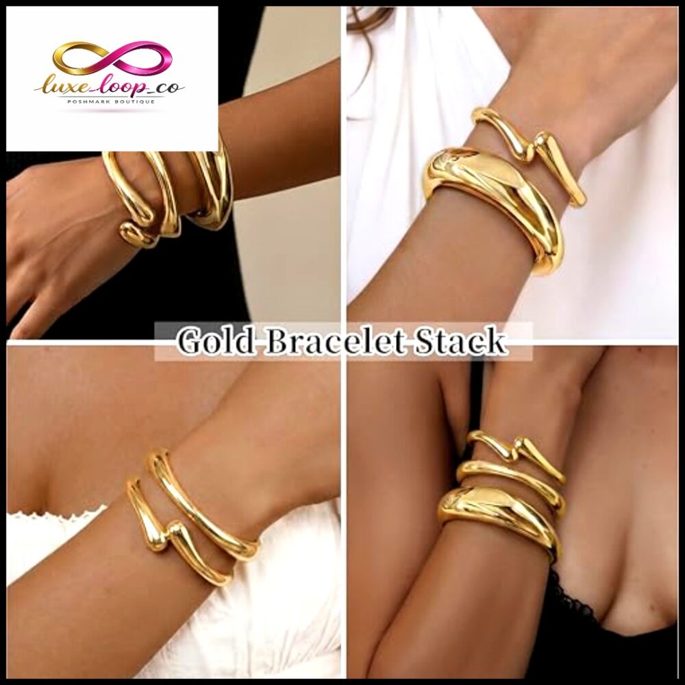Chunky Statement Bangle Bracelets Stack Gold Plat… - image 6